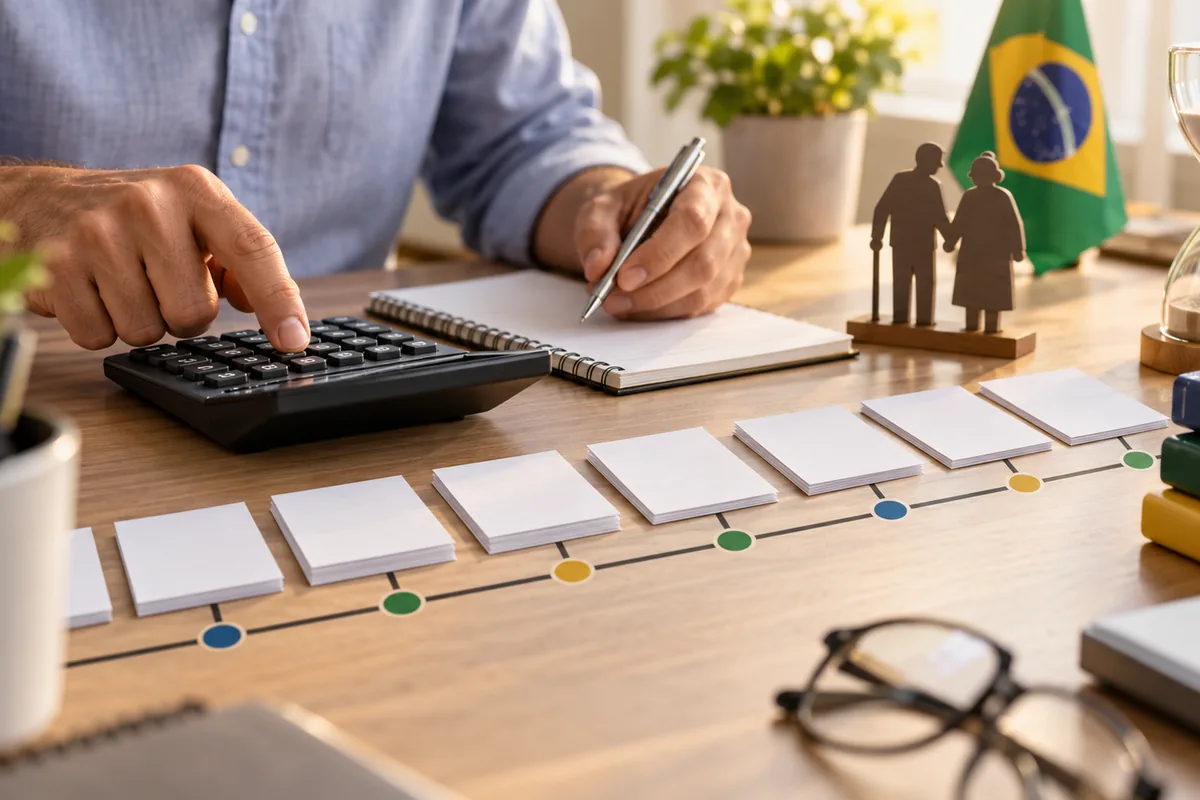 Calculadora e linha do tempo representam o cálculo da aposentadoria do INSS
