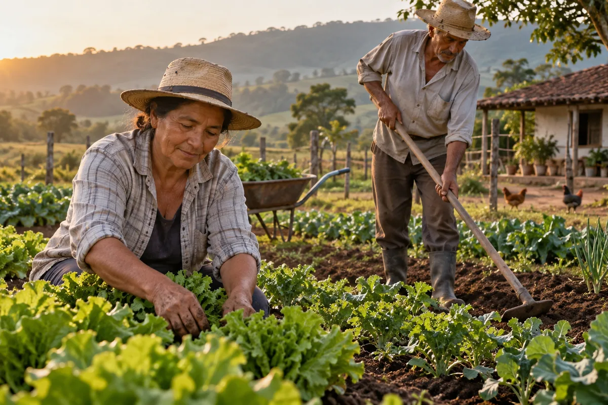 Casal de agricultores trabalha em pequena propriedade rural familiar