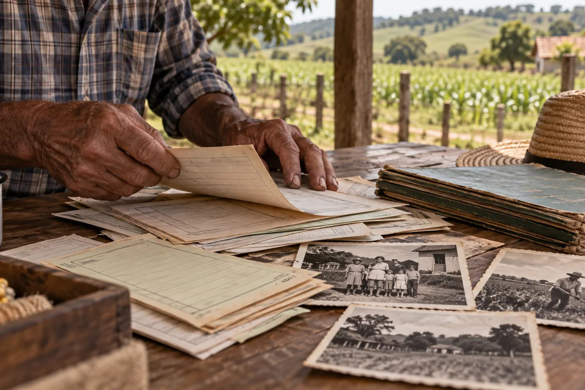 Trabalhador organiza documentos e fotografias antigas da atividade rural