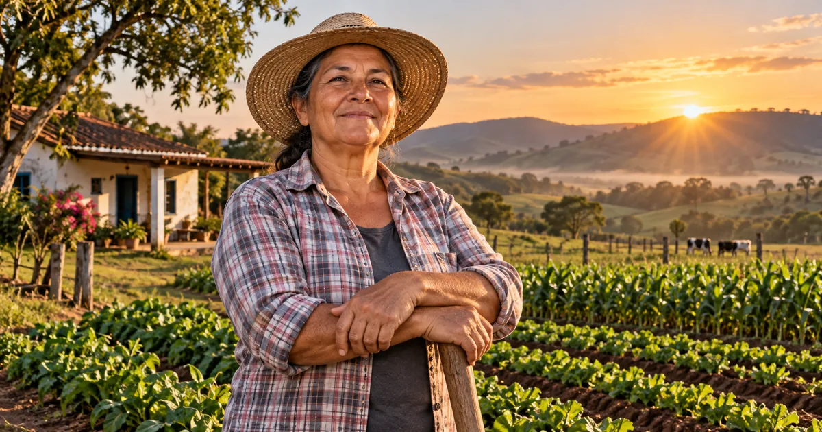Agricultora familiar em propriedade rural ao pôr do sol