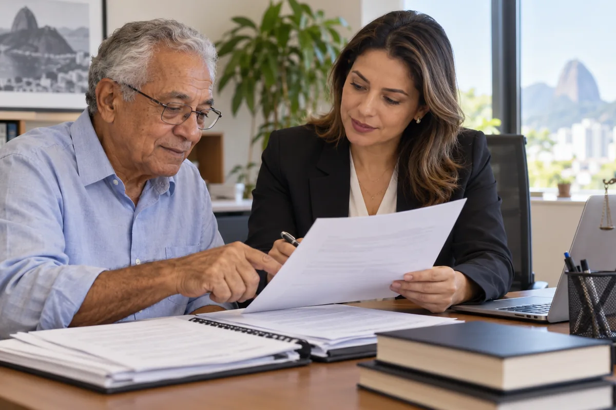 Aposentado e advogada analisam documentos de benefício previdenciário