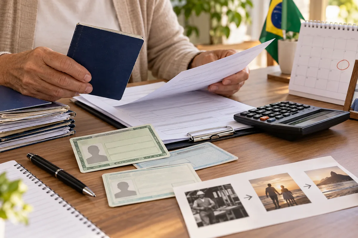 Pessoa organiza documentos, calendário e calculadora para protocolar aposentadoria