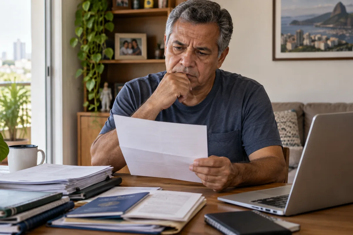 Trabalhador lê decisão de aposentadoria negada e organiza documentos