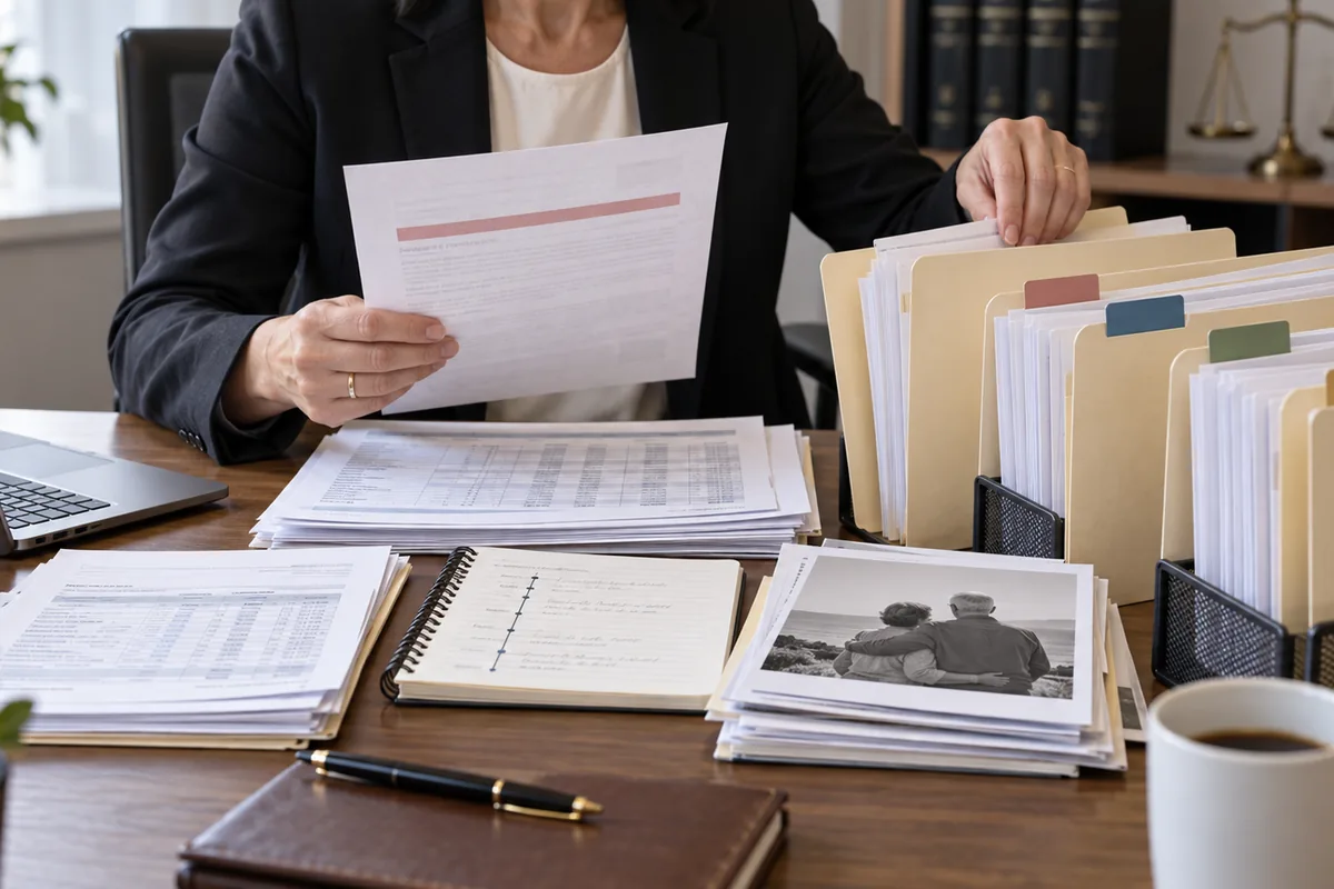 Profissional organiza documentos e linha do tempo para recurso previdenciário