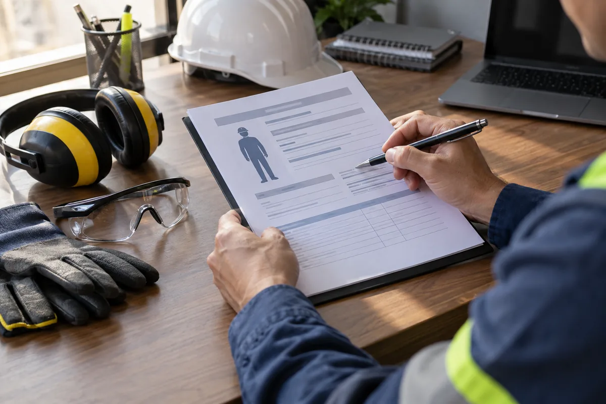 Profissional confere documento ocupacional e equipamentos de proteção