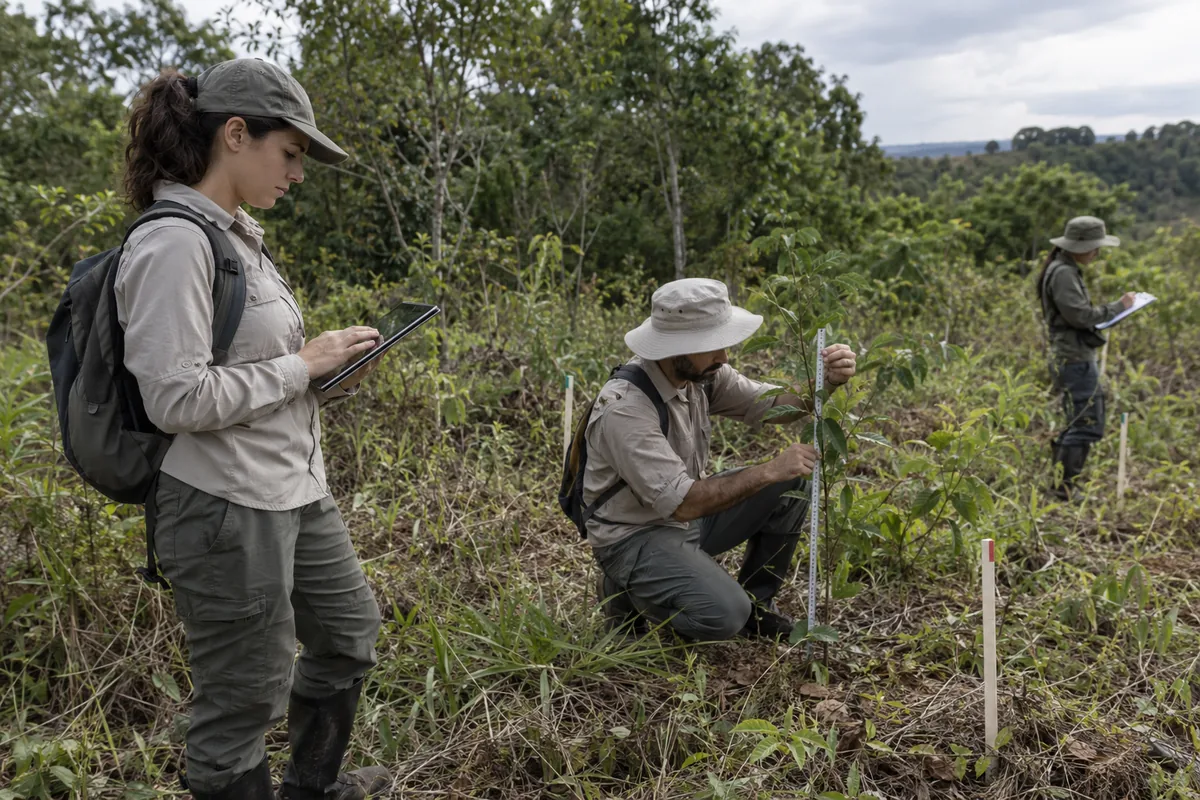 Equipe técnica monitora mudas nativas em área de recuperação ambiental