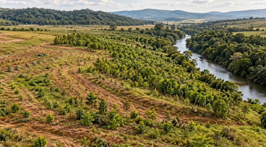 Paisagem com recuperação de área degradada e proteção de mata ciliar