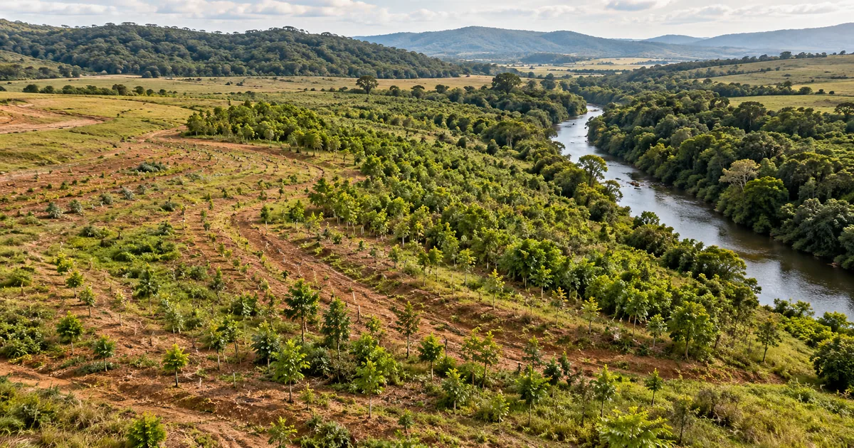 Paisagem com recuperação de área degradada e proteção de mata ciliar