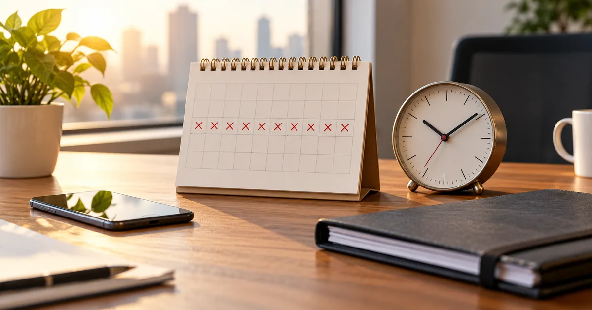 Calendário com dez marcações ao lado de relógio e pasta