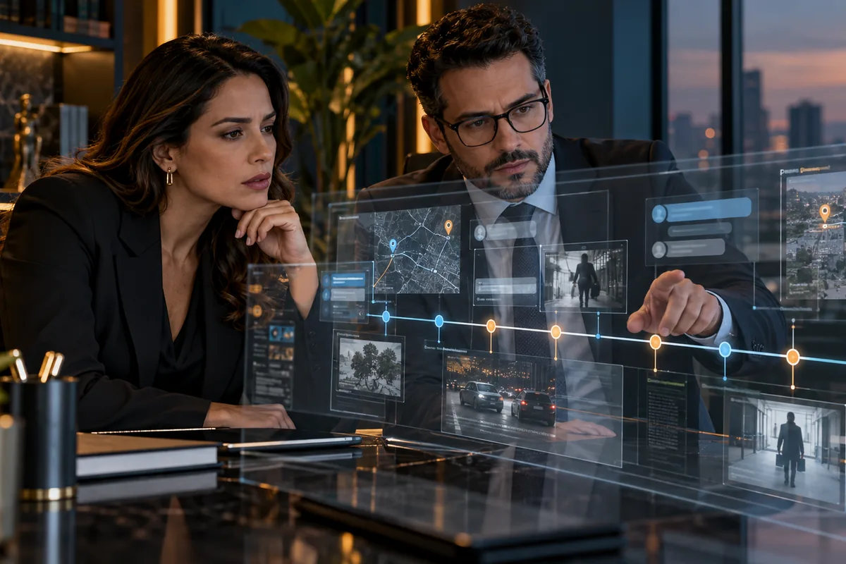 Advogada e especialista forense analisam uma linha do tempo de evidências