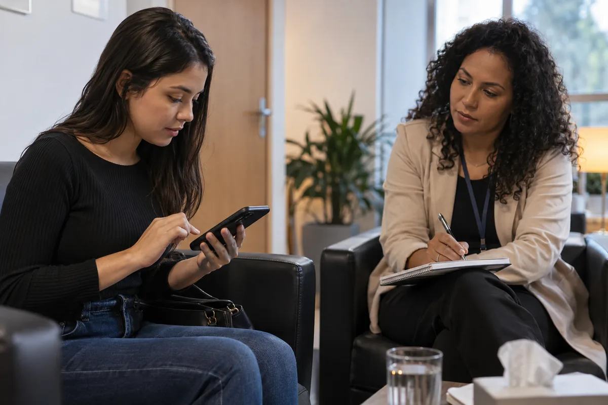 Mulher organiza mensagens no celular durante atendimento de apoio
