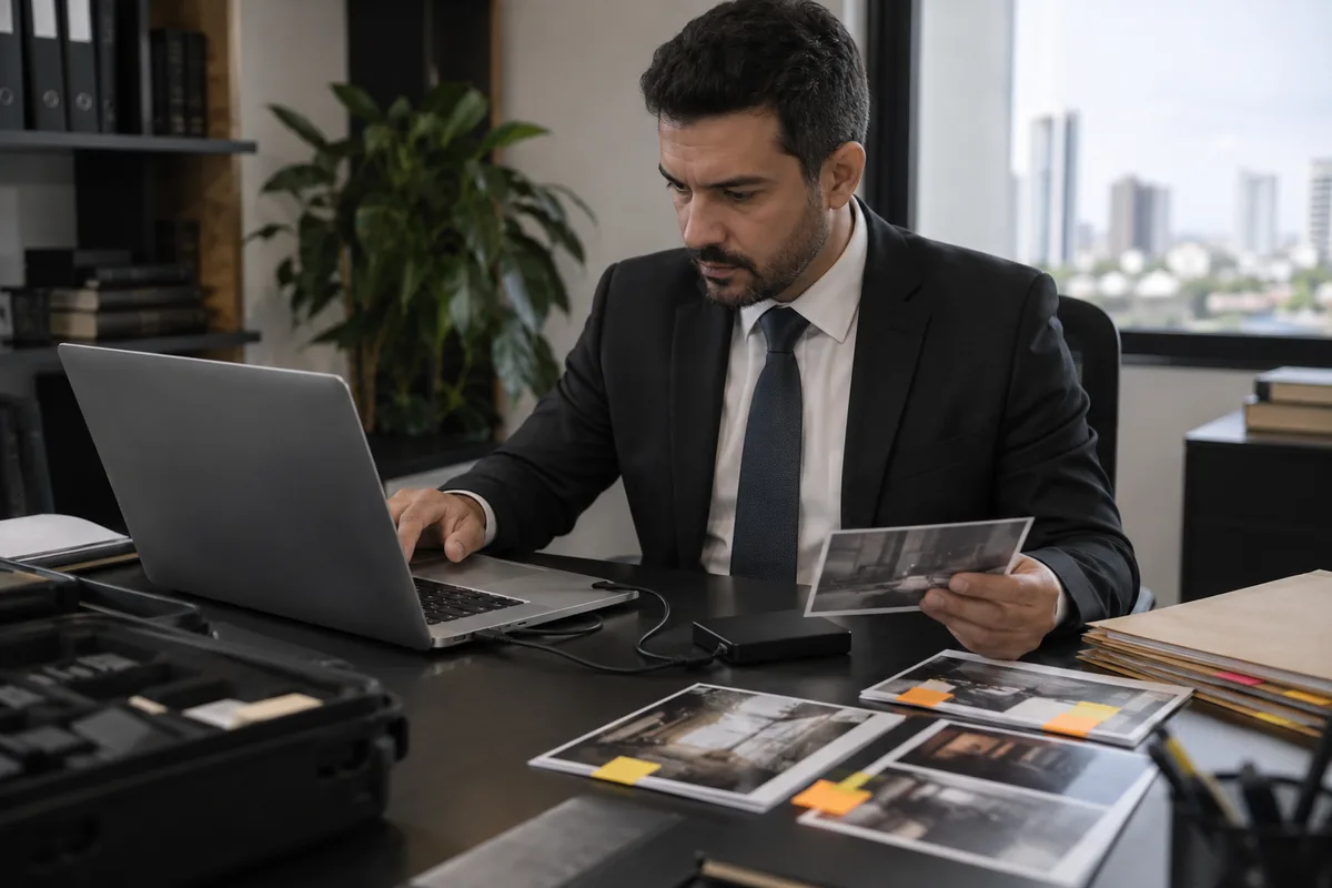 Advogado organiza arquivos e fotografias para auditoria de prova digital
