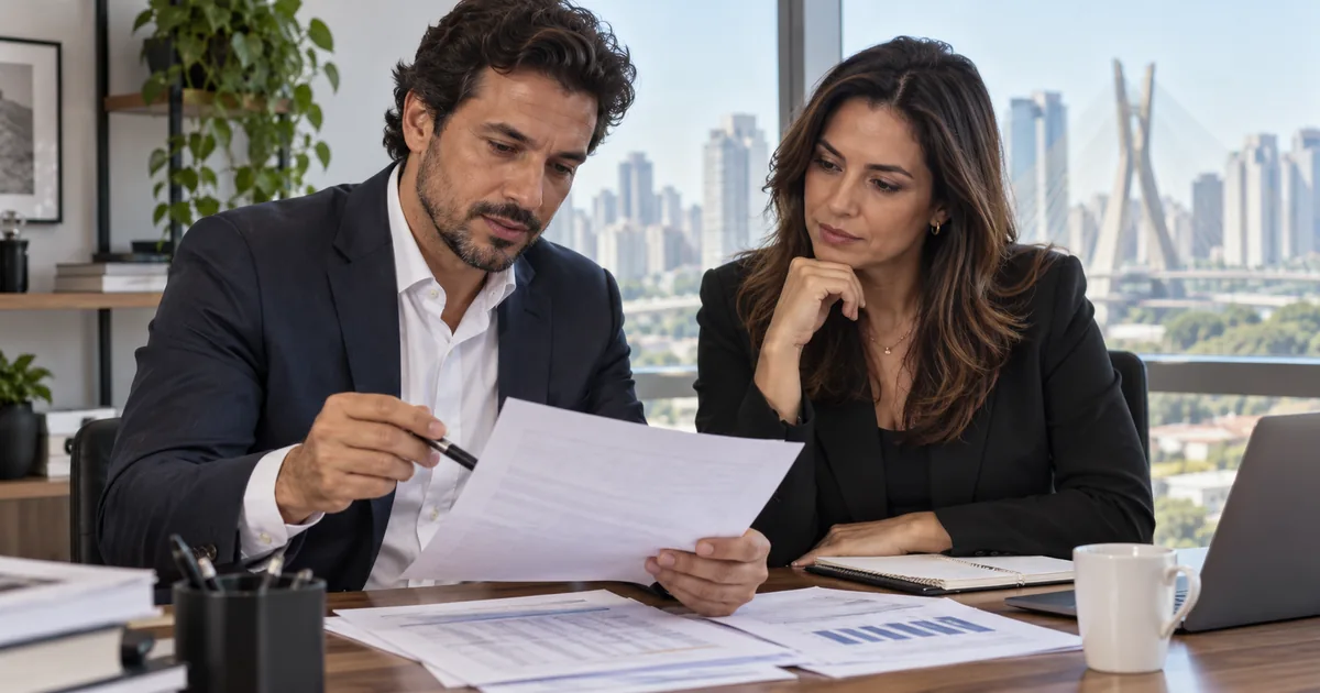 Profissionais analisam documentos financeiros para prevenir atrasos