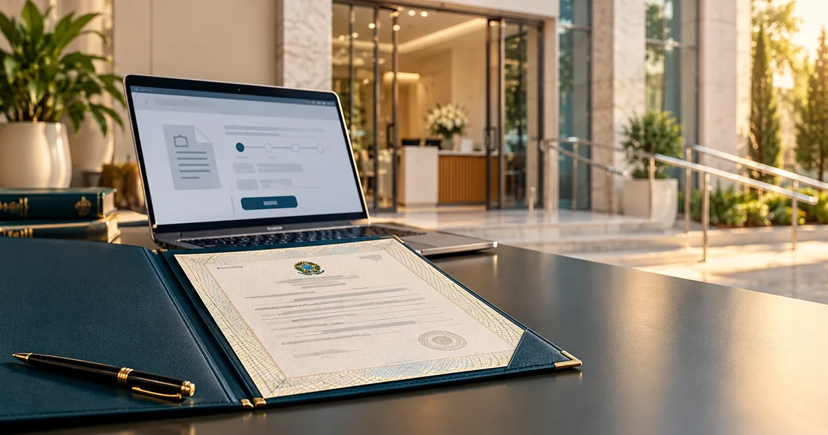Certidão de casamento e notebook representam consulta online da averbação de divórcio