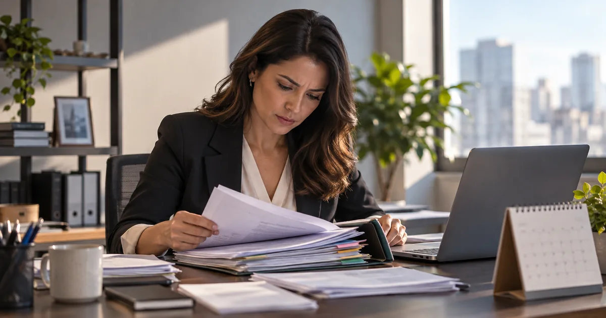 Empresária organiza documentos para resolver dívidas trabalhistas