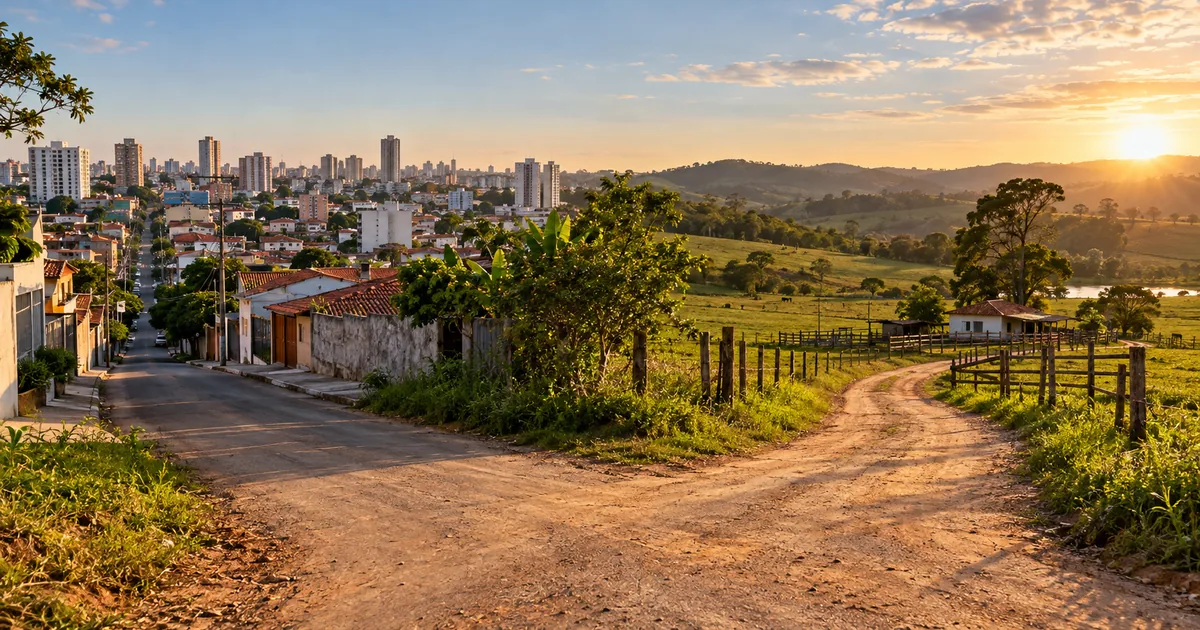 Paisagem mostra cidade e campo em comparação entre usucapião urbana e rural