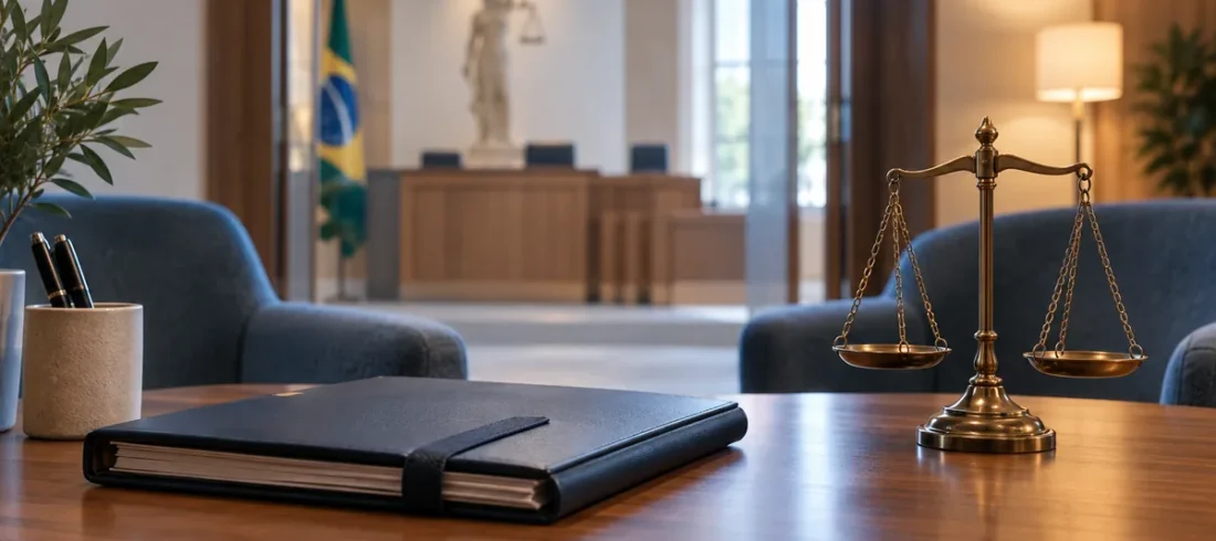 Pasta confidencial e balança em ambiente reservado de tribunal