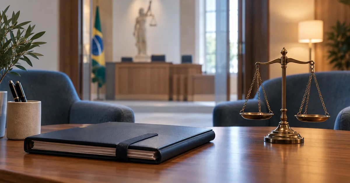 Pasta confidencial e balança em ambiente reservado de tribunal