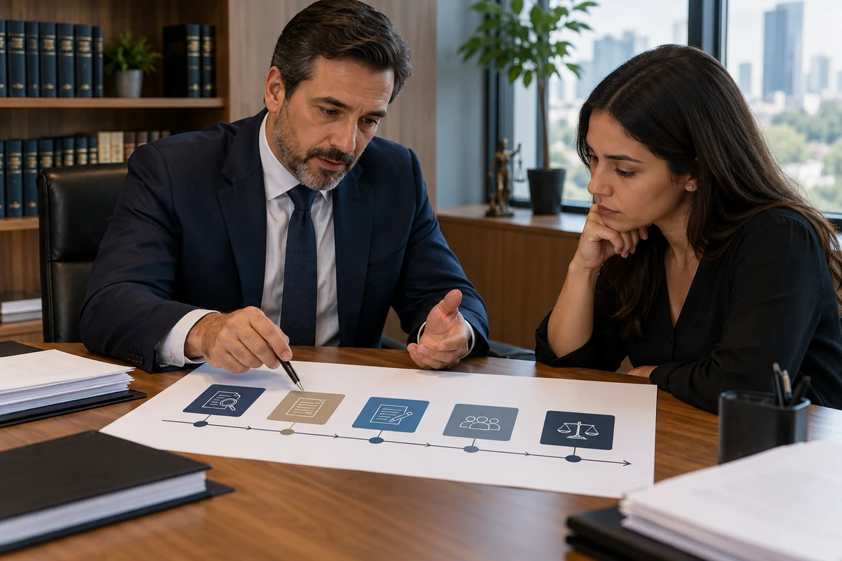 Advogado explica ao cliente as etapas do processo judicial por furto