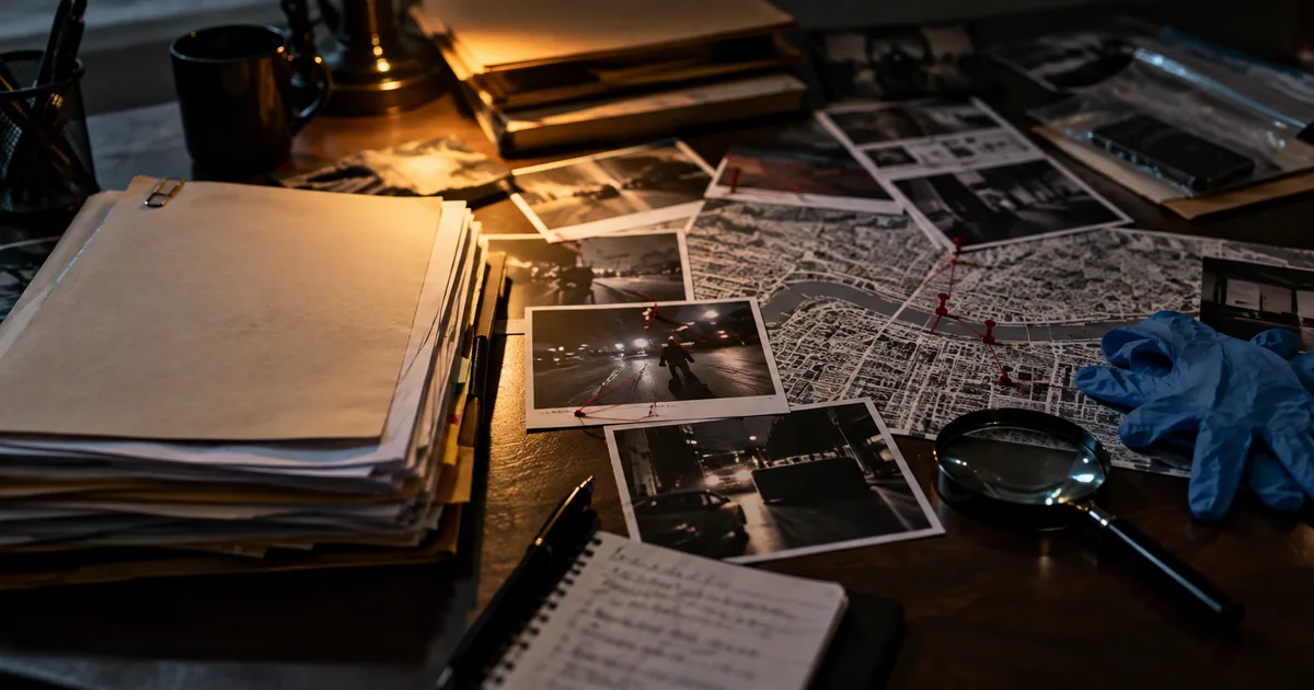 Mesa de análise com pasta, fotografias e mapa de investigação criminal