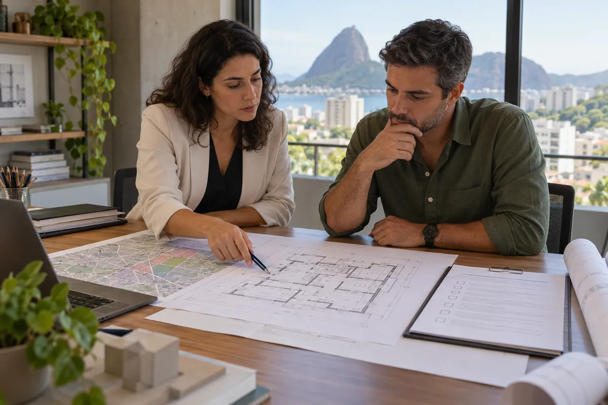 Arquiteta e proprietário analisam projeto de regularização