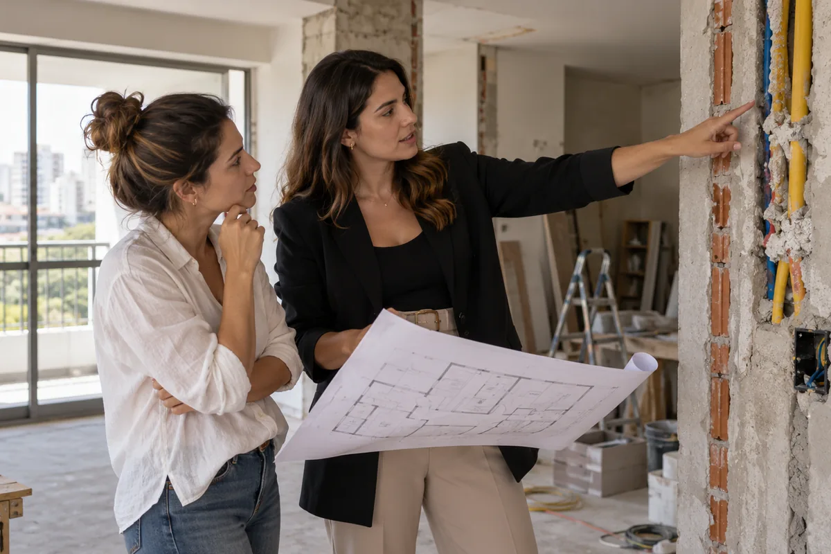 Arquiteta e moradora analisam instalações e projeto de reforma no apartamento