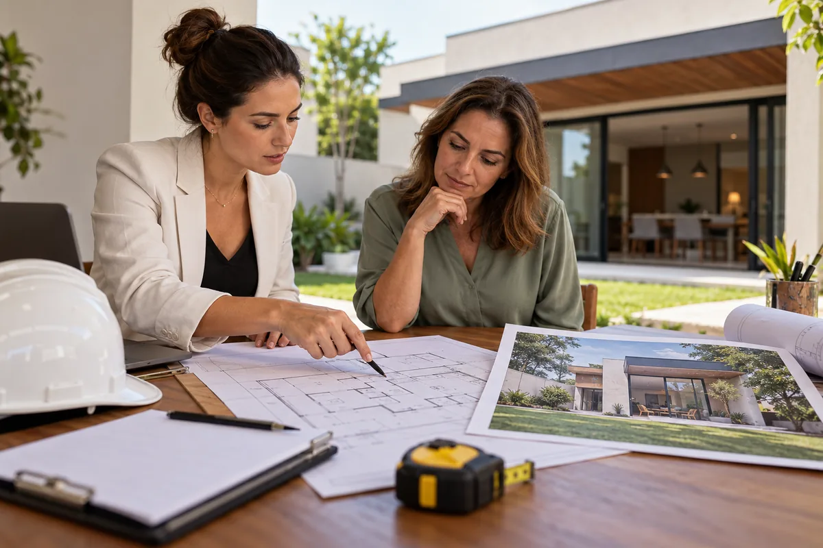 Arquiteta e proprietária analisam projeto para regularizar construção