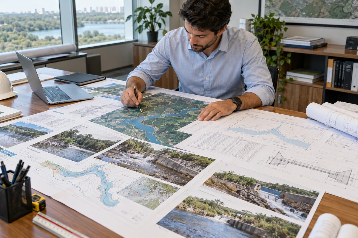 Engenheiro analisa mapas e cálculos de um projeto hídrico