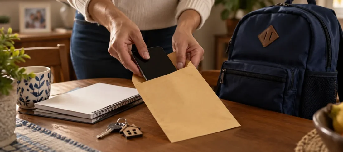 Adulto preserva smartphone ao lado de mochila escolar