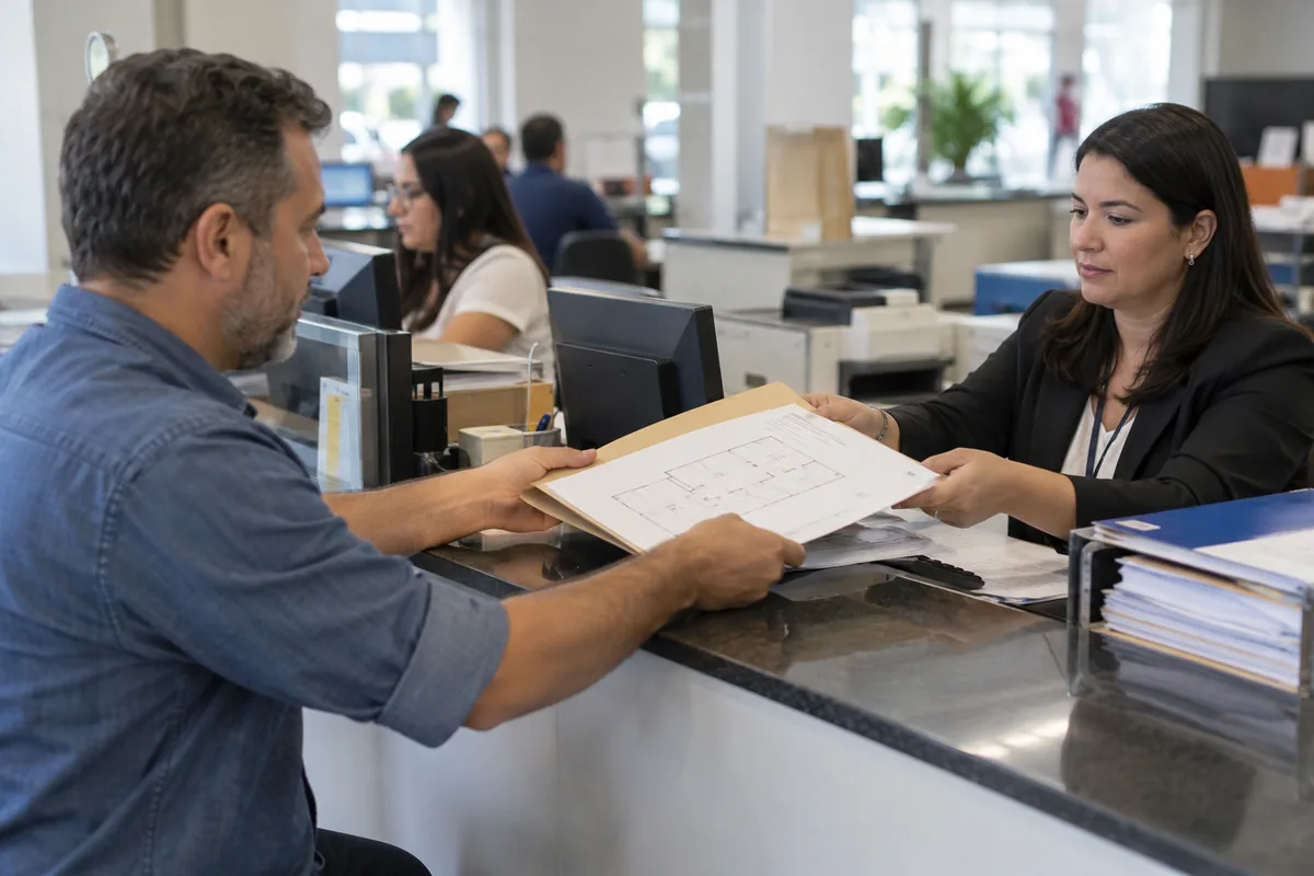 Proprietário apresenta planta e documentos para regularização imobiliária