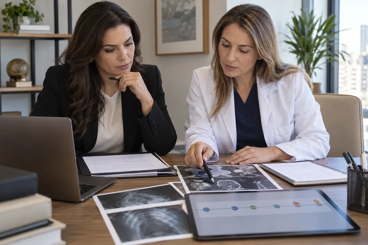 Advogada e médica assistente técnica analisam exames e prontuário