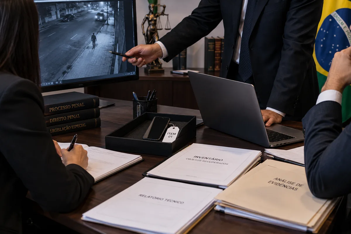 Equipe jurídica revisa vídeo, objeto recuperado e documentos do caso