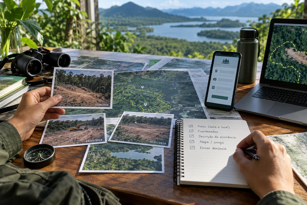 Fotos coordenadas e mapa preparados para denúncia ambiental