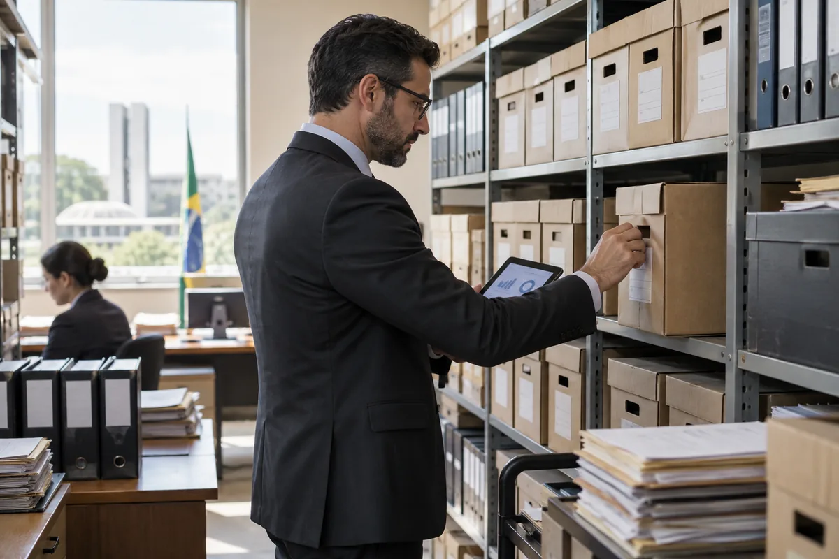 Profissional confere arquivo administrativo e inventário de documentos
