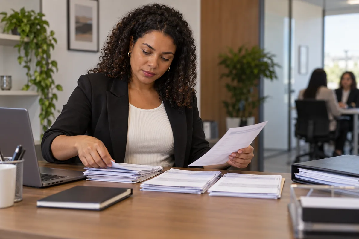 Trabalhadora organiza documentos para analisar diferença salarial