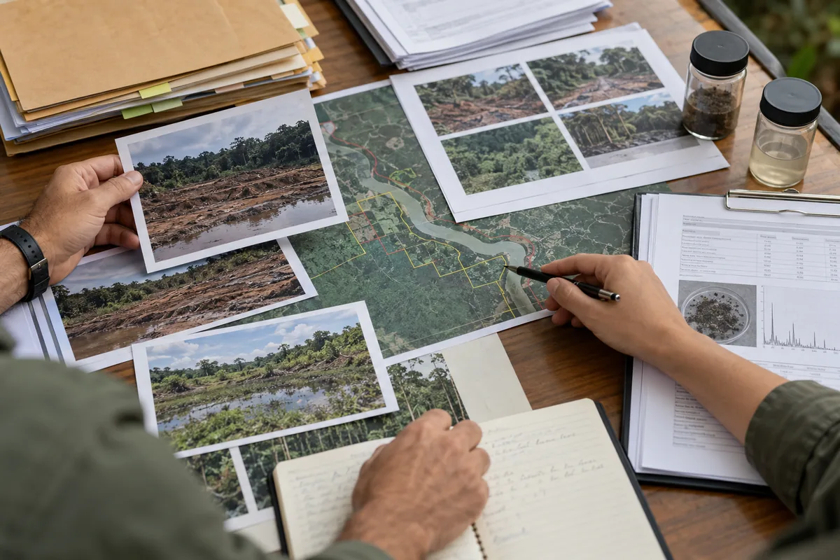 Fotografias, mapa e amostras organizados para defesa administrativa