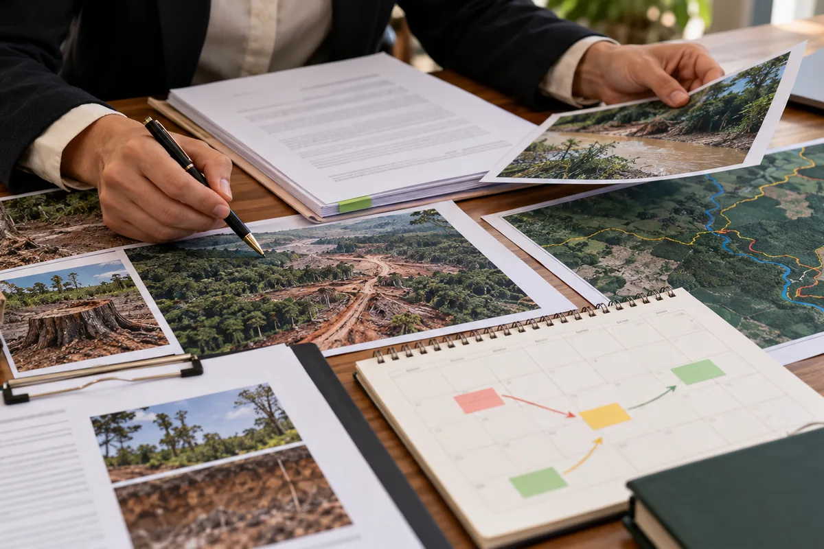 Documentos mapas e fotografias organizados para ação ambiental