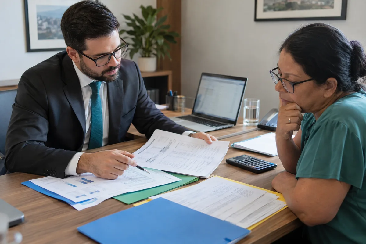 Advogado e cliente conferem documentos da origem dos valores