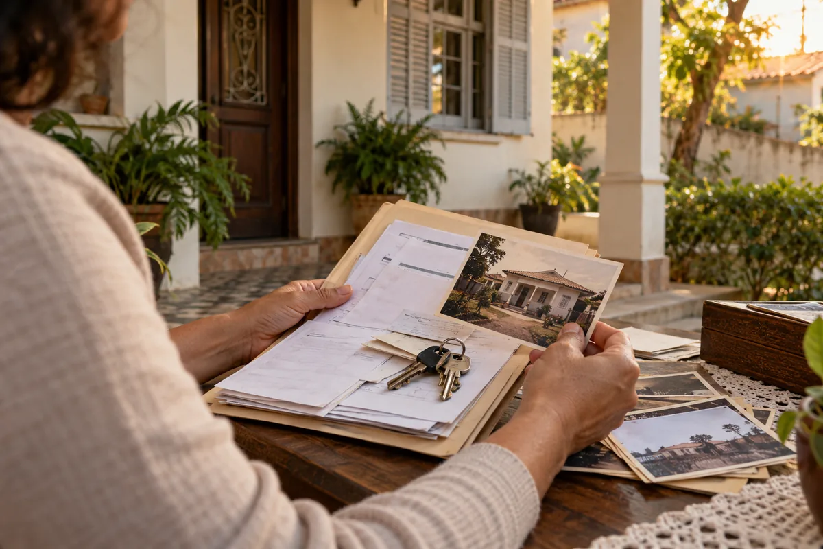 Pessoa organiza documentos, fotografias e chaves de uma casa antiga