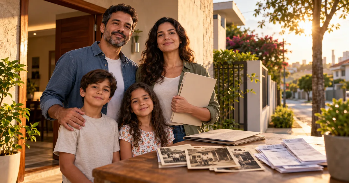 Família diante do imóvel com arquivo de documentos da posse