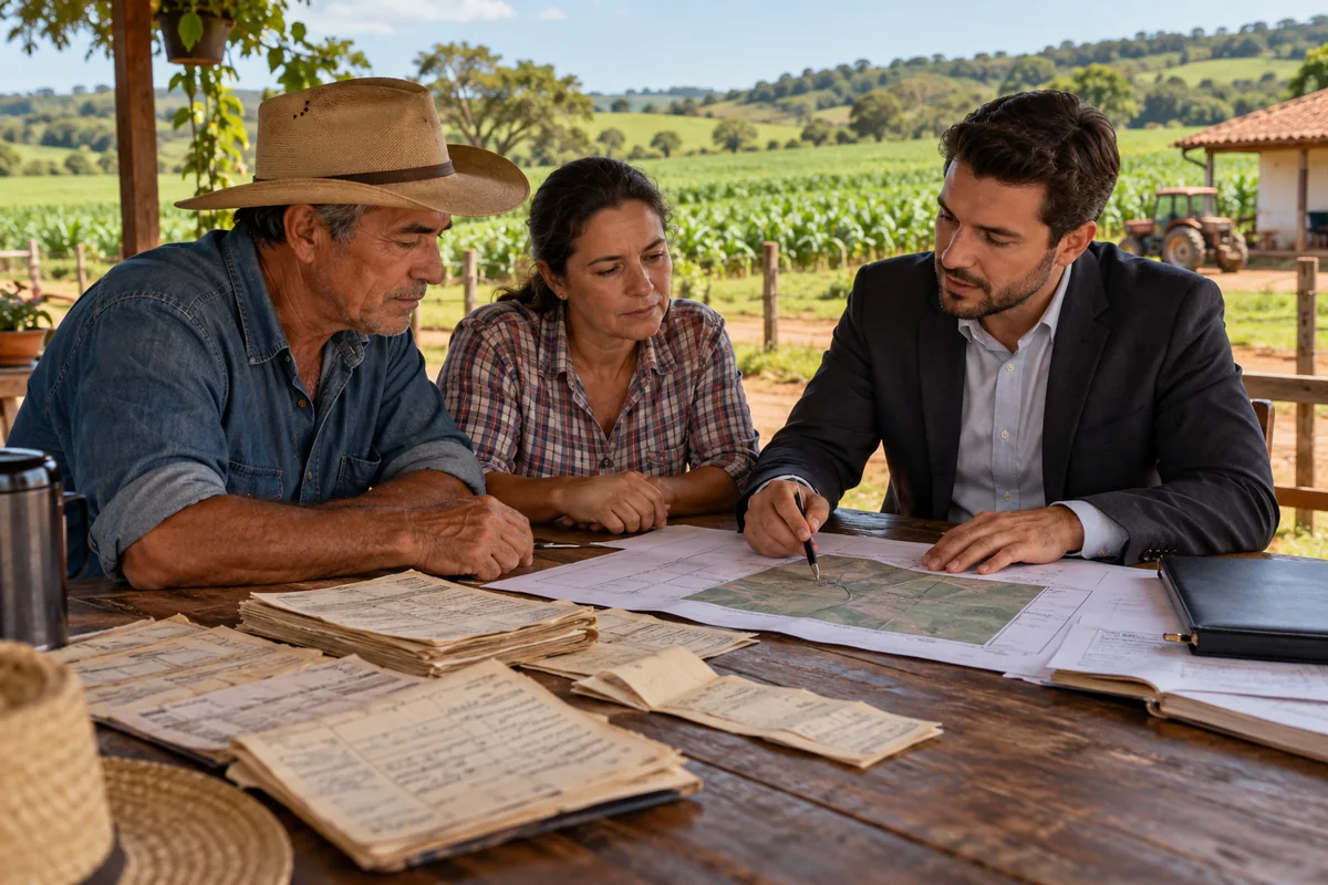 Família rural e advogado analisam registros antigos e mapa da propriedade