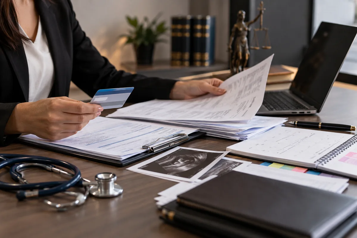 Documentos médicos e comprovantes organizados para ação contra plano de saúde