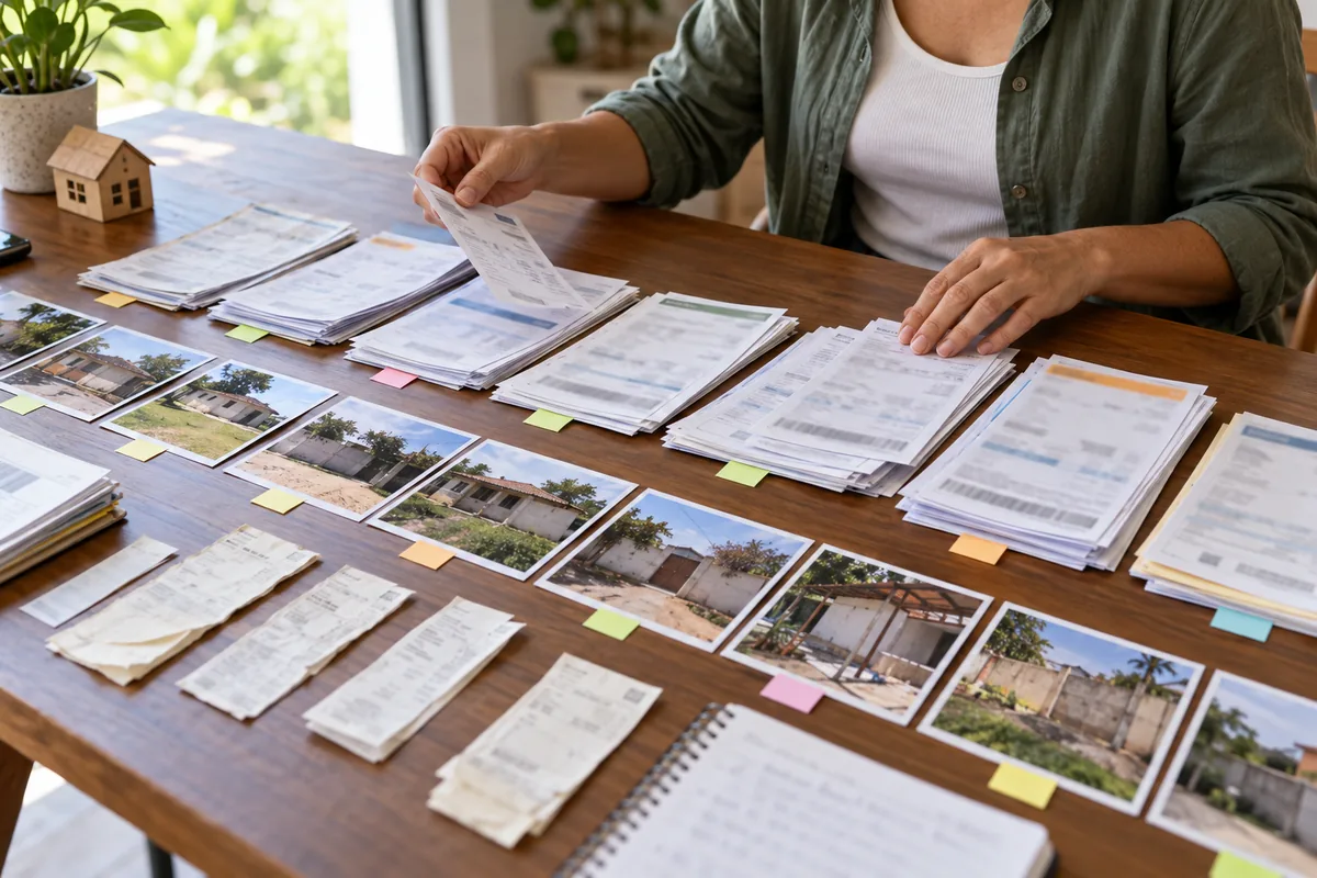 Organização de contas e fotografias para comprovar o tempo de posse do imóvel