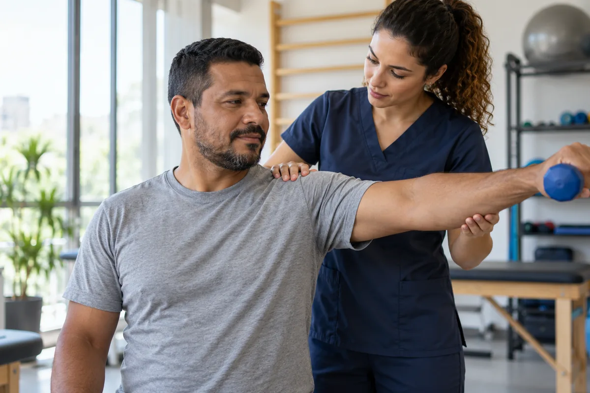 Fisioterapeuta acompanha exercício de reabilitação de trabalhador