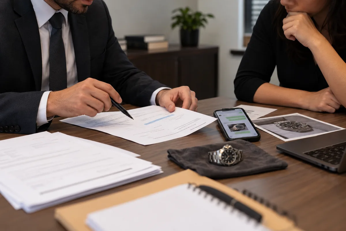 Advogado e cliente organizando comprovantes de compra de bem usado