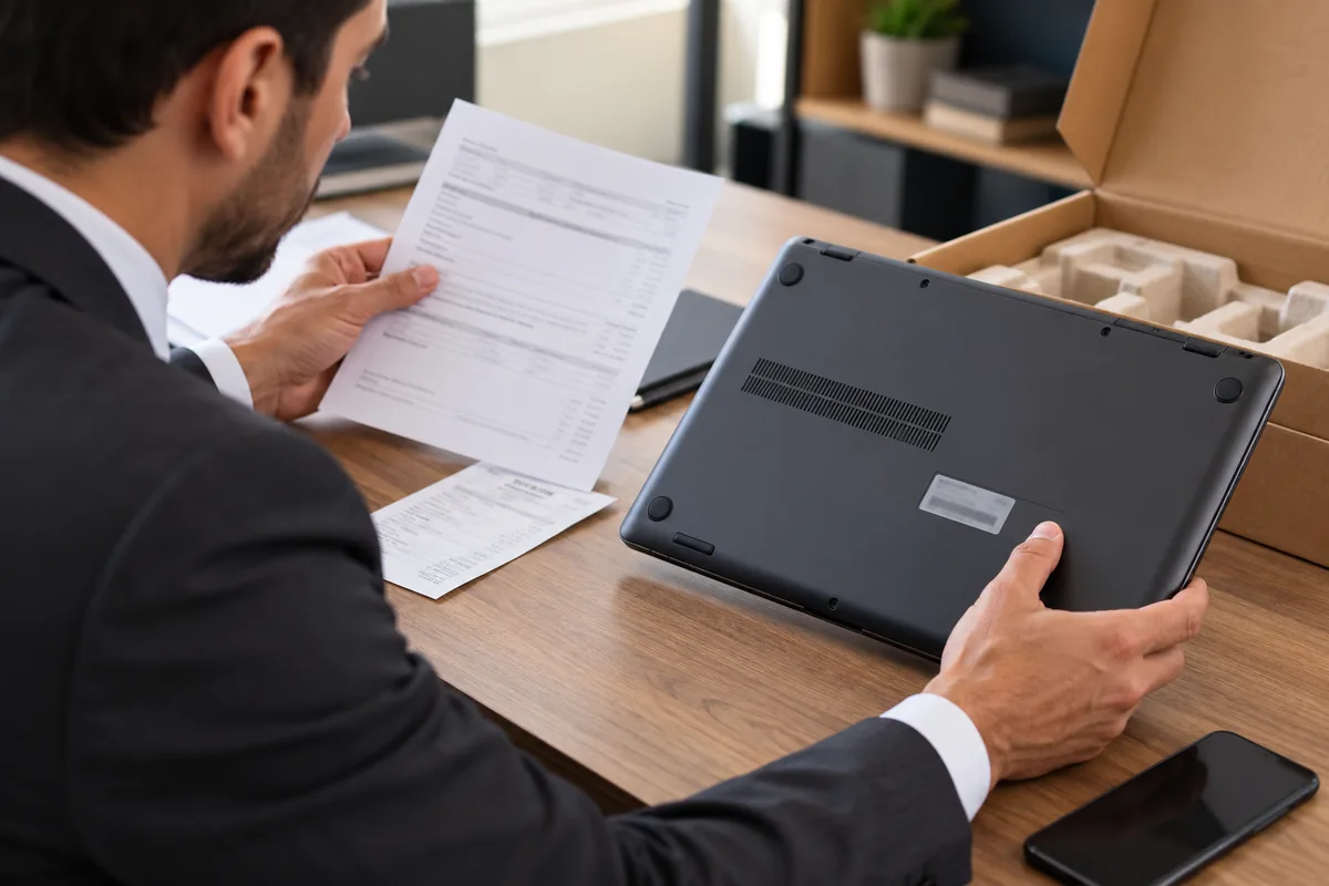 Advogado confere nota fiscal e número de série de notebook
