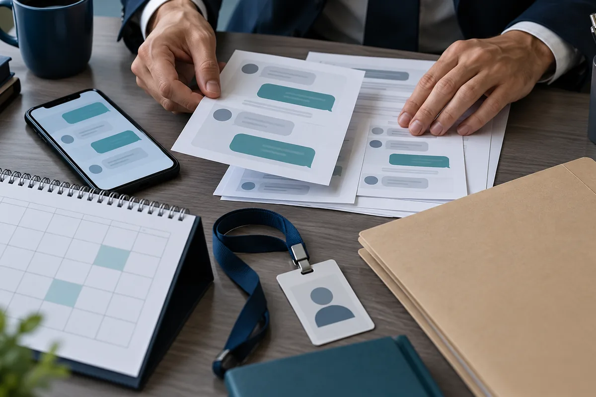 Mensagens, calendário e crachá são organizados como provas do trabalho