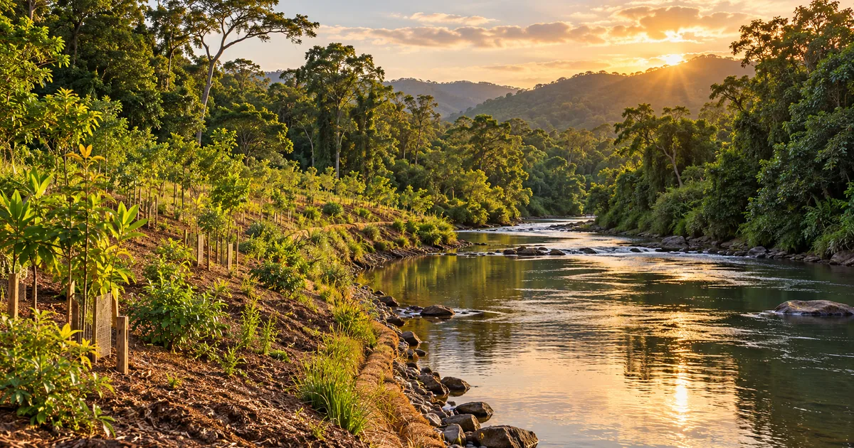 Margem de rio em recuperação com vegetação nativa jovem e floresta madura