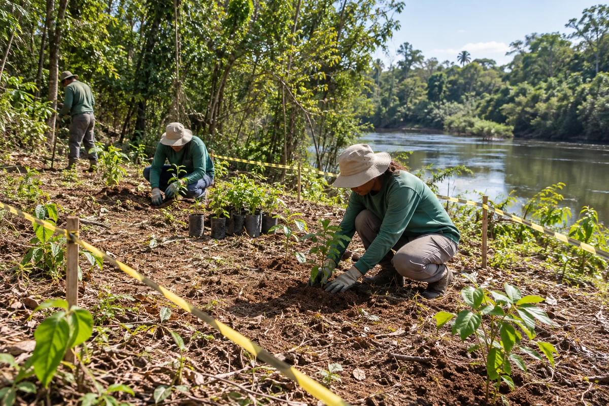 Equipe planta mudas nativas em trecho de mata ciliar em recuperação