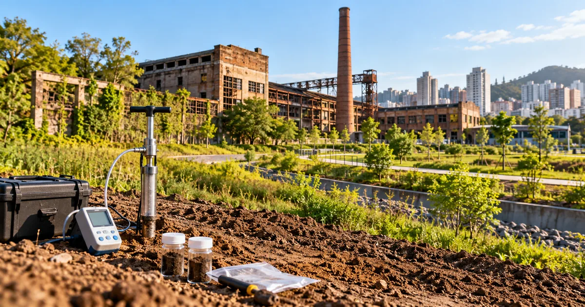 Área industrial reabilitada com equipamentos de monitoramento ambiental
